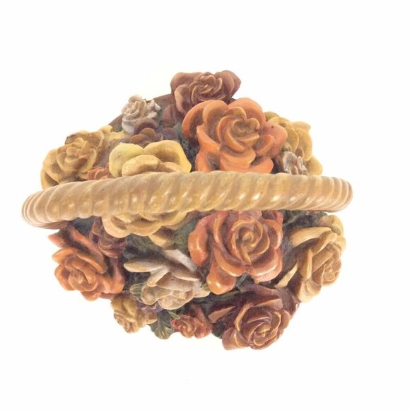 Vintage Mid-Century Carved Composite Wood Flower Basket Figurine Detailed Roses - Picture 4 of 7